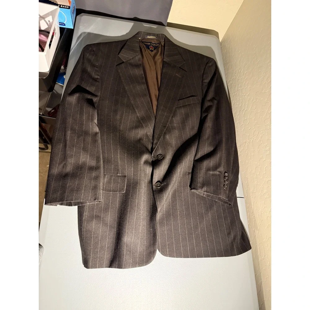 Tommy Hilfiger Mens Brown Pinstripe 2 Piece Suit Blazer Pleated Pants Dillard's